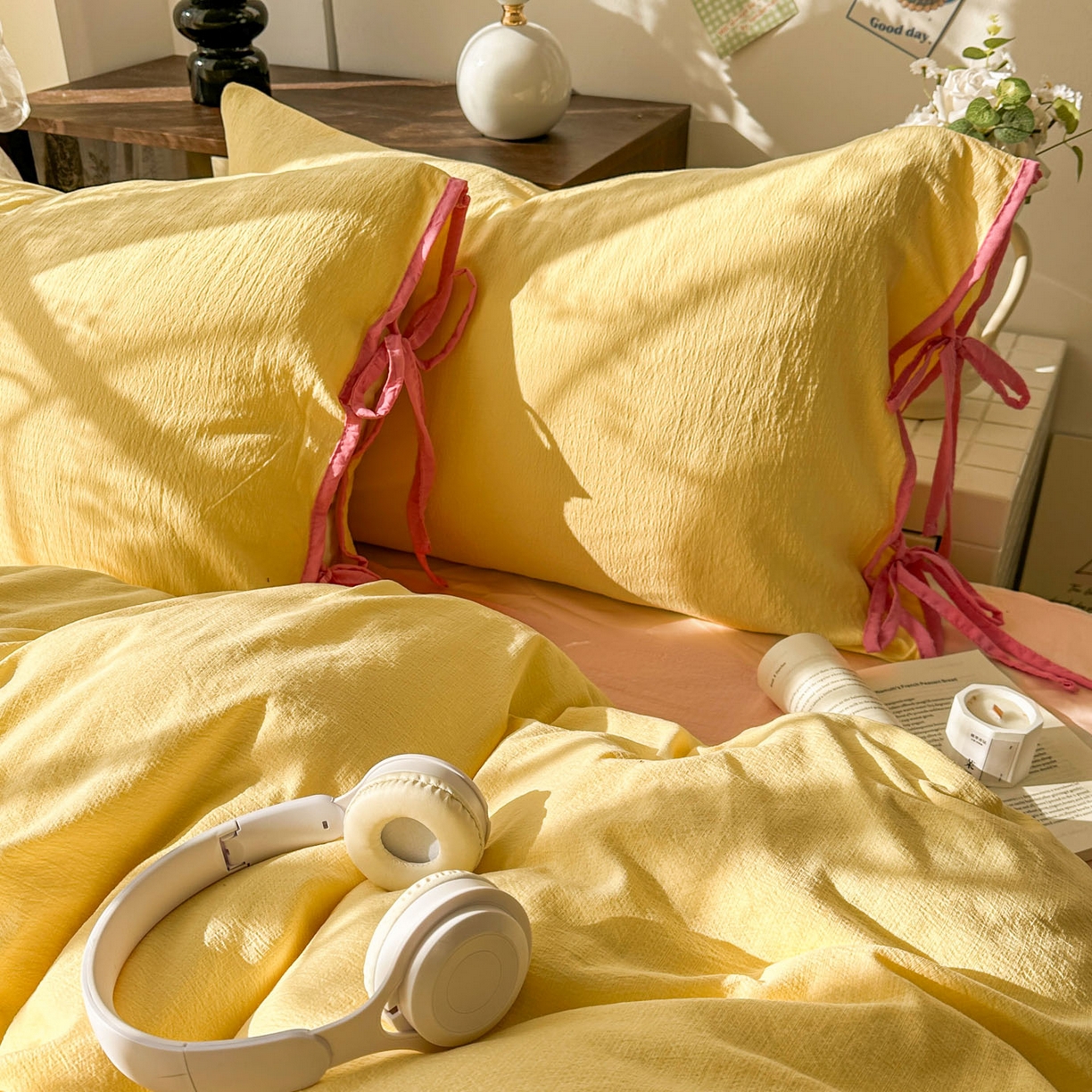 91家纺网 家纺一手货源 找家纺 花伞家居 2026新款小红书系带蝴蝶结双层纱四件套含买家秀 软果酱-茉莉黄玉