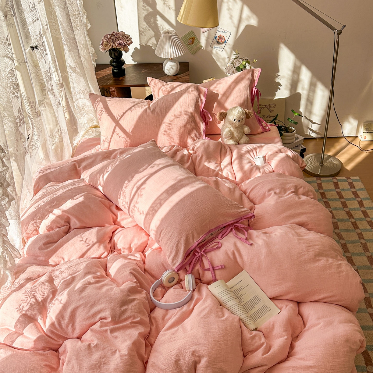 花伞家居 2026新款小红书系带蝴蝶结双层纱四件套含买家秀 软果酱-玉