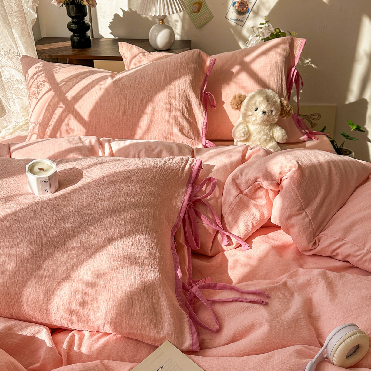 91家纺网 家纺一手货源 找家纺 花伞家居 2026新款小红书系带蝴蝶结双层纱四件套含买家秀 软果酱-玉