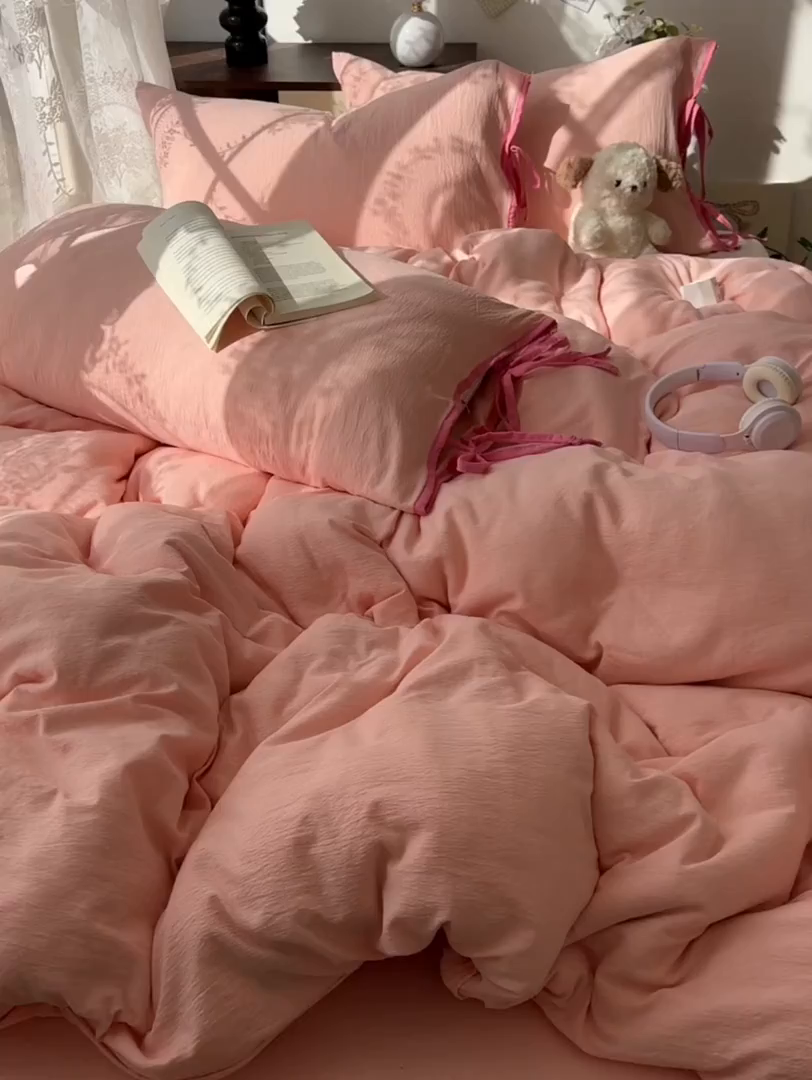 91家纺网 家纺一手货源 找家纺 花伞家居 2026新款小红书系带蝴蝶结双层纱四件套含买家秀 软果酱-玉