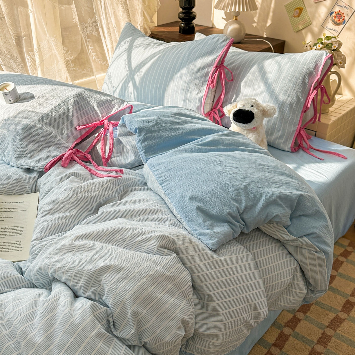 91家纺网 家纺一手货源 找家纺 花伞家居 2026新款小红书系带蝴蝶结双层纱四件套含买家秀 软果酱-蓝条纹