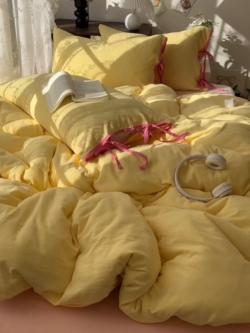 91家纺网 家纺一手货源 找家纺 花伞家居 2026新款小红书系带蝴蝶结双层纱四件套含买家秀 软果酱-茉莉黄玉