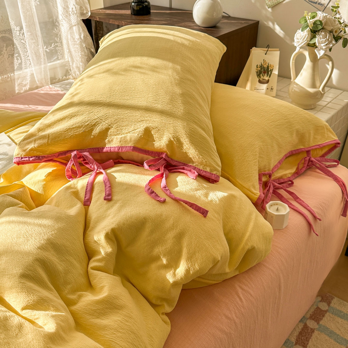 91家纺网 家纺一手货源 找家纺 花伞家居 2026新款小红书系带蝴蝶结双层纱四件套含买家秀 软果酱-茉莉黄玉