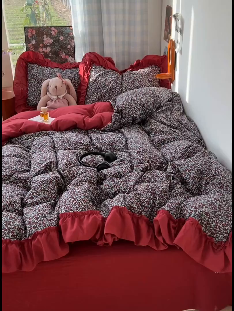 91家纺网 家纺一手货源 找家纺 （总）花伞家居 2026新款韩系复古碎花古法水洗棉大花边四件套含买家秀