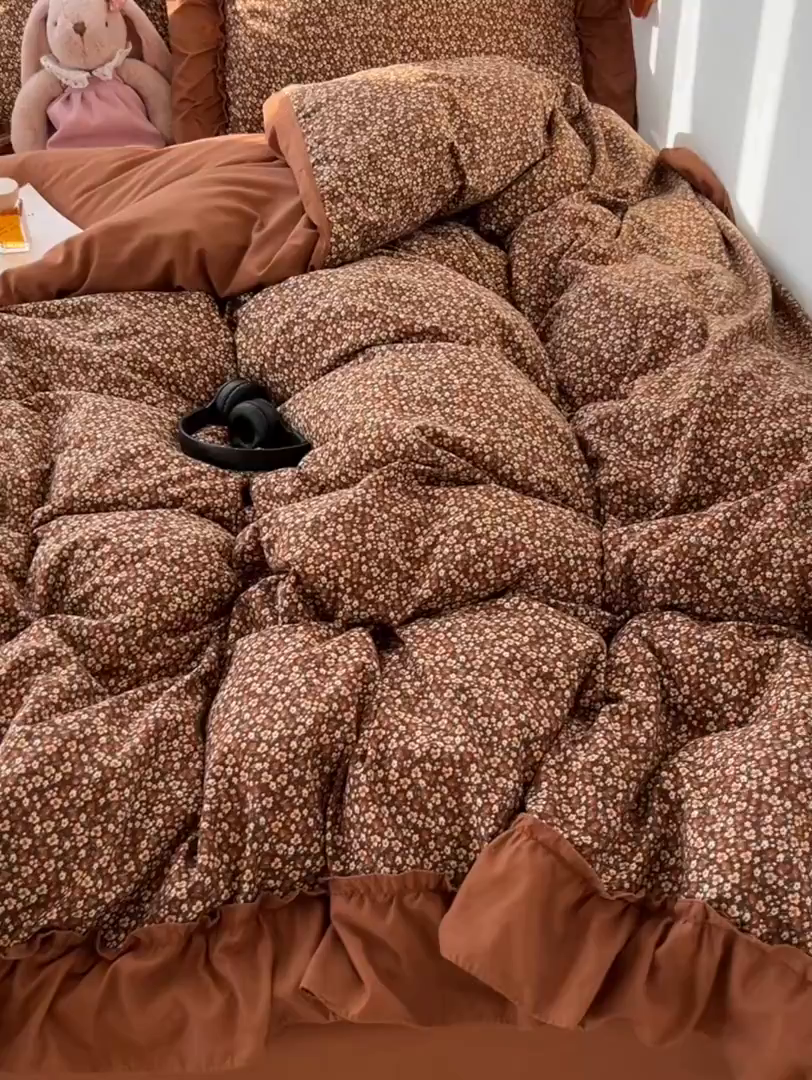 91家纺网 家纺一手货源 找家纺 花伞家居 2026新款韩系复古碎花古法水洗棉大花边四件套含买家秀 兰絮语-咖