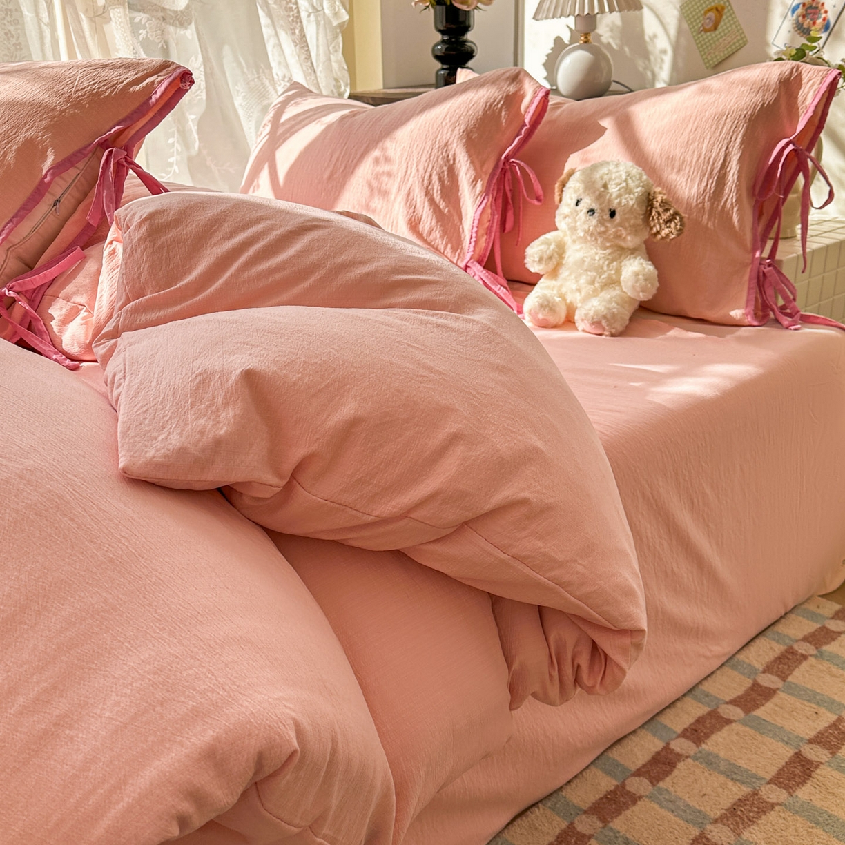 91家纺网 家纺一手货源 找家纺 花伞家居 2026新款小红书系带蝴蝶结双层纱四件套含买家秀 软果酱-玉