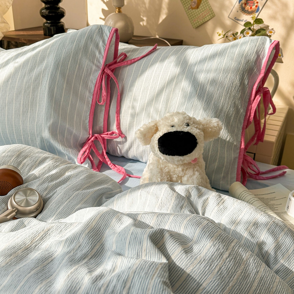 91家纺网 家纺一手货源 找家纺 花伞家居 2026新款小红书系带蝴蝶结双层纱四件套含买家秀 软果酱-蓝条纹