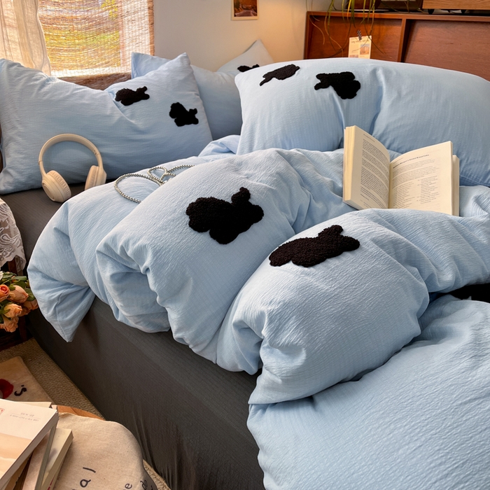 91家纺网 家纺一手货源 找家纺 花伞家居 2026新款小马毛巾绣双层纱四件套含买家秀 马上发财-奶蓝