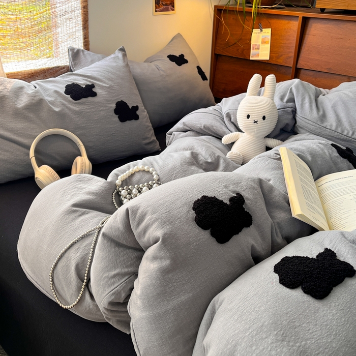 91家纺网 家纺一手货源 找家纺 花伞家居 2026新款小马毛巾绣双层纱四件套含买家秀 马上发财-松烟灰