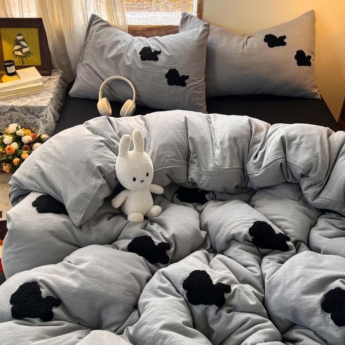 91家纺网 家纺一手货源 找家纺 花伞家居 2026新款小马毛巾绣双层纱四件套含买家秀 马上发财-松烟灰