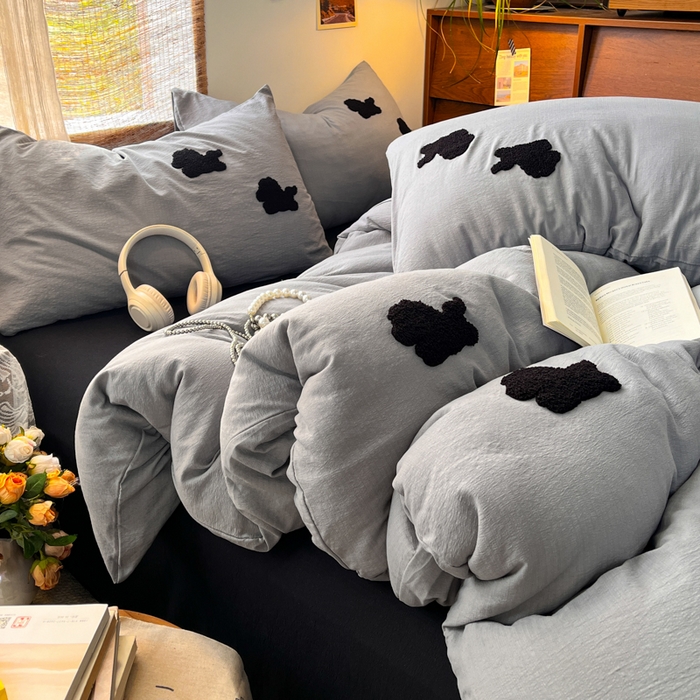 91家纺网 家纺一手货源 找家纺 花伞家居 2026新款小马毛巾绣双层纱四件套含买家秀 马上发财-松烟灰