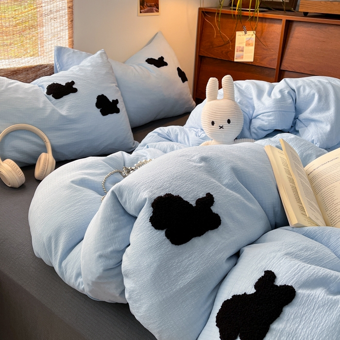 91家纺网 家纺一手货源 找家纺 花伞家居 2026新款小马毛巾绣双层纱四件套含买家秀 马上发财-奶蓝