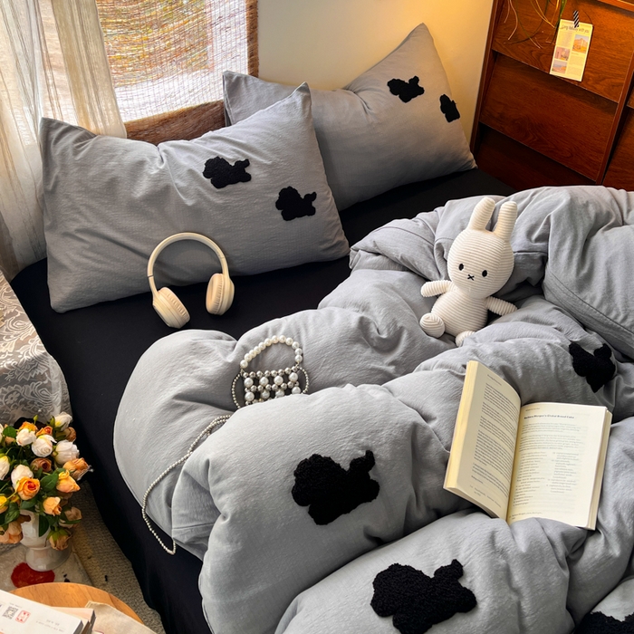 91家纺网 家纺一手货源 找家纺 花伞家居 2026新款小马毛巾绣双层纱四件套含买家秀 马上发财-松烟灰