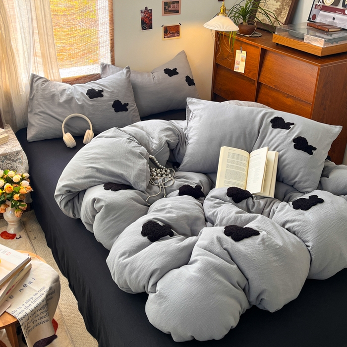 91家纺网 家纺一手货源 找家纺 花伞家居 2026新款小马毛巾绣双层纱四件套含买家秀 马上发财-松烟灰