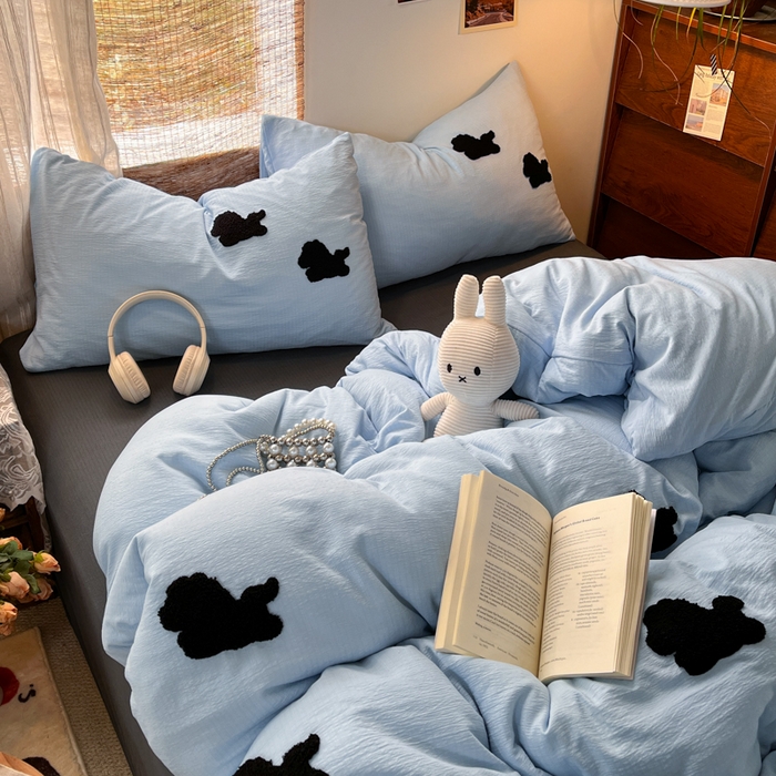 91家纺网 家纺一手货源 找家纺 花伞家居 2026新款小马毛巾绣双层纱四件套含买家秀 马上发财-奶蓝