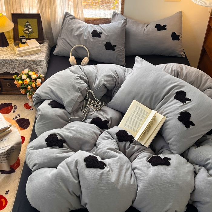 91家纺网 家纺一手货源 找家纺 花伞家居 2026新款小马毛巾绣双层纱四件套含买家秀 马上发财-松烟灰