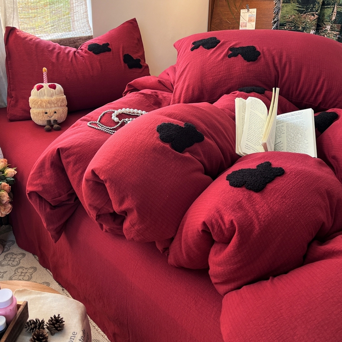 花伞家居 2026新款小马毛巾绣双层纱四件套含买家秀 马上发财-红