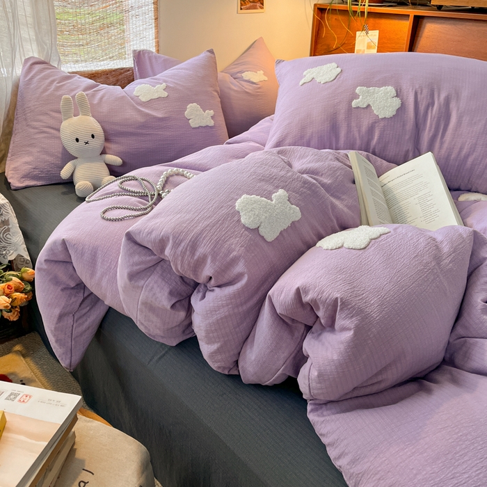 91家纺网 家纺一手货源 找家纺 花伞家居 2026新款小马毛巾绣双层纱四件套含买家秀 马上发财-风信紫