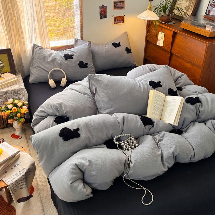 91家纺网 家纺一手货源 找家纺 花伞家居 2026新款小马毛巾绣双层纱四件套含买家秀 马上发财-松烟灰