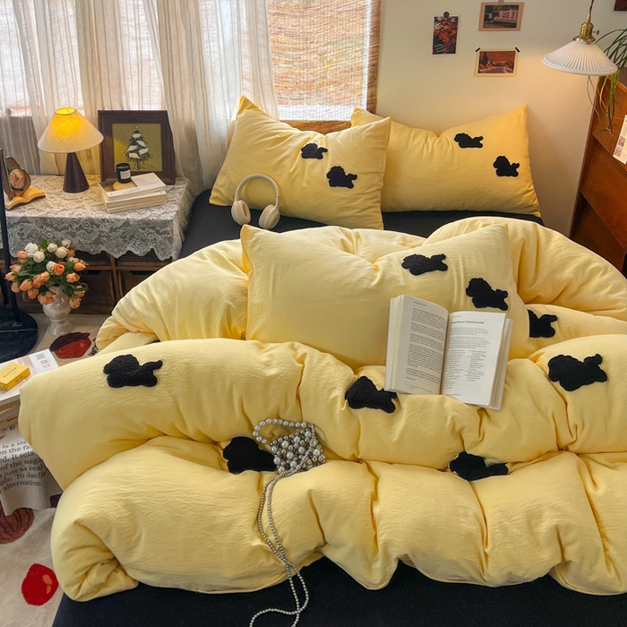 91家纺网 家纺一手货源 找家纺 花伞家居 2026新款小马毛巾绣双层纱四件套含买家秀 马上发财-茉莉黄