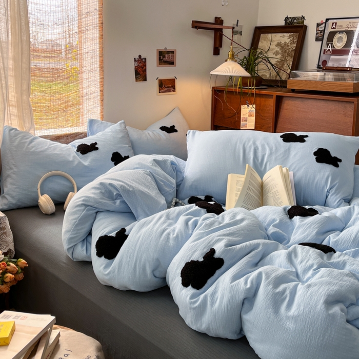 91家纺网 家纺一手货源 找家纺 花伞家居 2026新款小马毛巾绣双层纱四件套含买家秀 马上发财-奶蓝