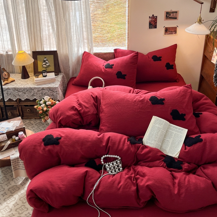 91家纺网 家纺一手货源 找家纺 花伞家居 2026新款小马毛巾绣双层纱四件套含买家秀 马上发财-红