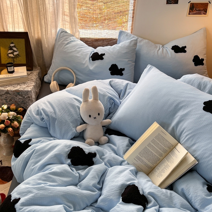 91家纺网 家纺一手货源 找家纺 花伞家居 2026新款小马毛巾绣双层纱四件套含买家秀 马上发财-奶蓝