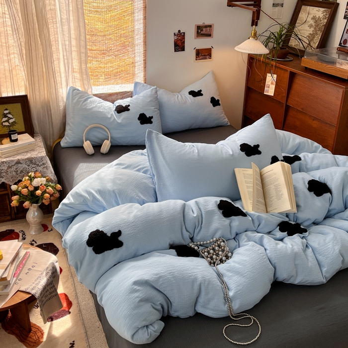 91家纺网 家纺一手货源 找家纺 花伞家居 2026新款小马毛巾绣双层纱四件套含买家秀 马上发财-奶蓝