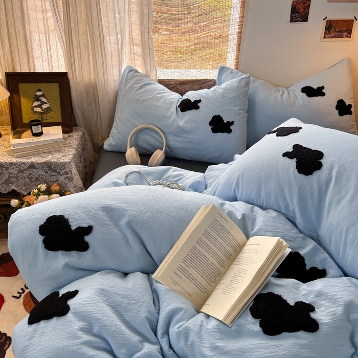 91家纺网 家纺一手货源 找家纺 花伞家居 2026新款小马毛巾绣双层纱四件套含买家秀 马上发财-奶蓝