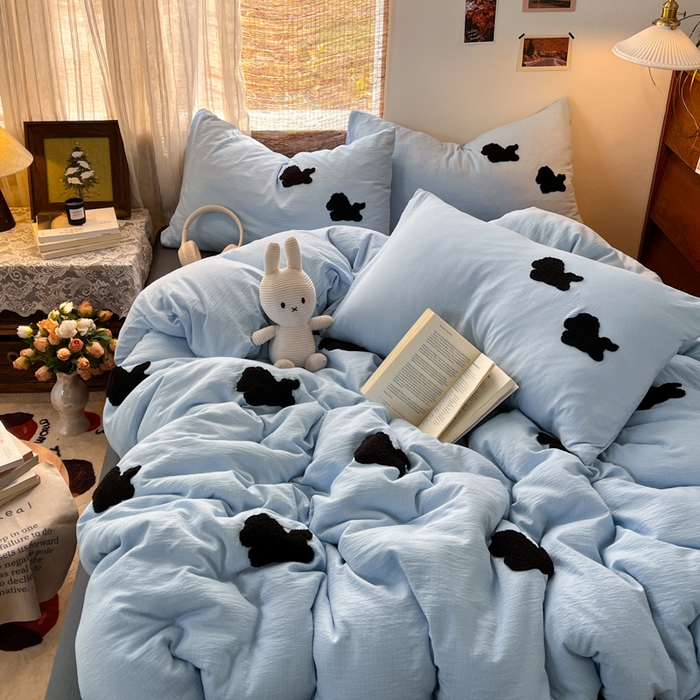 91家纺网 家纺一手货源 找家纺 花伞家居 2026新款小马毛巾绣双层纱四件套含买家秀 马上发财-奶蓝