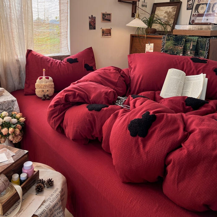 91家纺网 家纺一手货源 找家纺 花伞家居 2026新款小马毛巾绣双层纱四件套含买家秀 马上发财-红