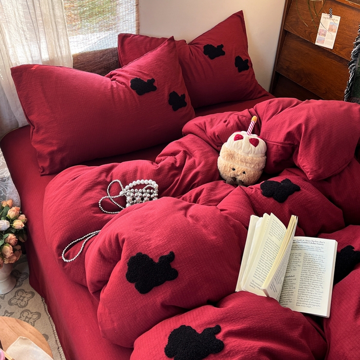 91家纺网 家纺一手货源 找家纺 花伞家居 2026新款小马毛巾绣双层纱四件套含买家秀 马上发财-红