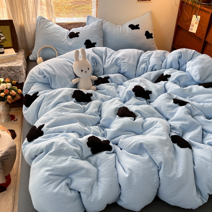 91家纺网 家纺一手货源 找家纺 花伞家居 2026新款小马毛巾绣双层纱四件套含买家秀 马上发财-奶蓝