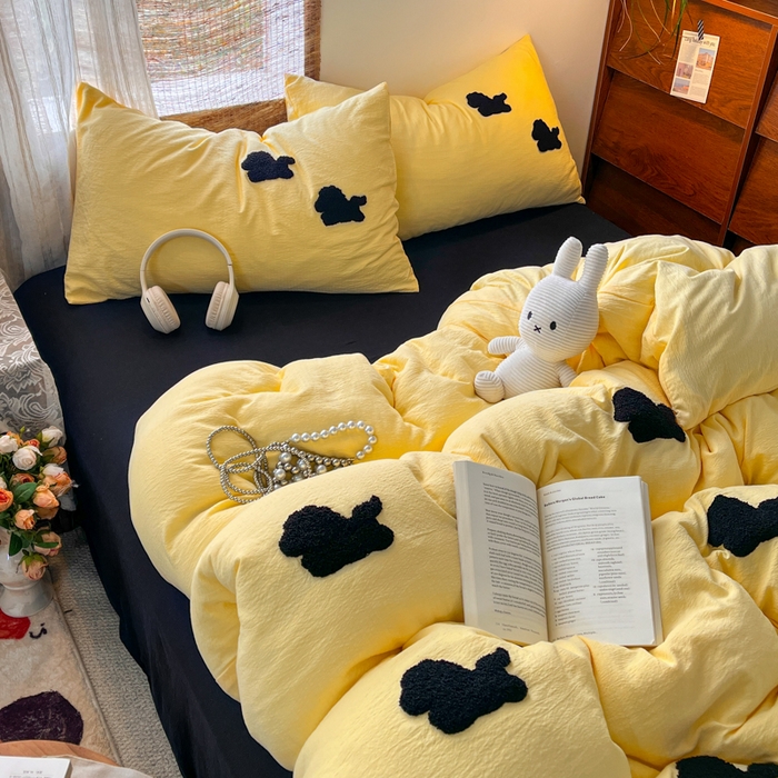 91家纺网 家纺一手货源 找家纺 花伞家居 2026新款小马毛巾绣双层纱四件套含买家秀 马上发财-茉莉黄