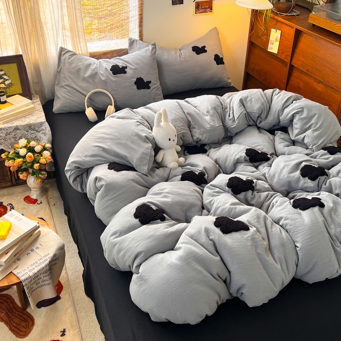 91家纺网 家纺一手货源 找家纺 花伞家居 2026新款小马毛巾绣双层纱四件套含买家秀 马上发财-松烟灰