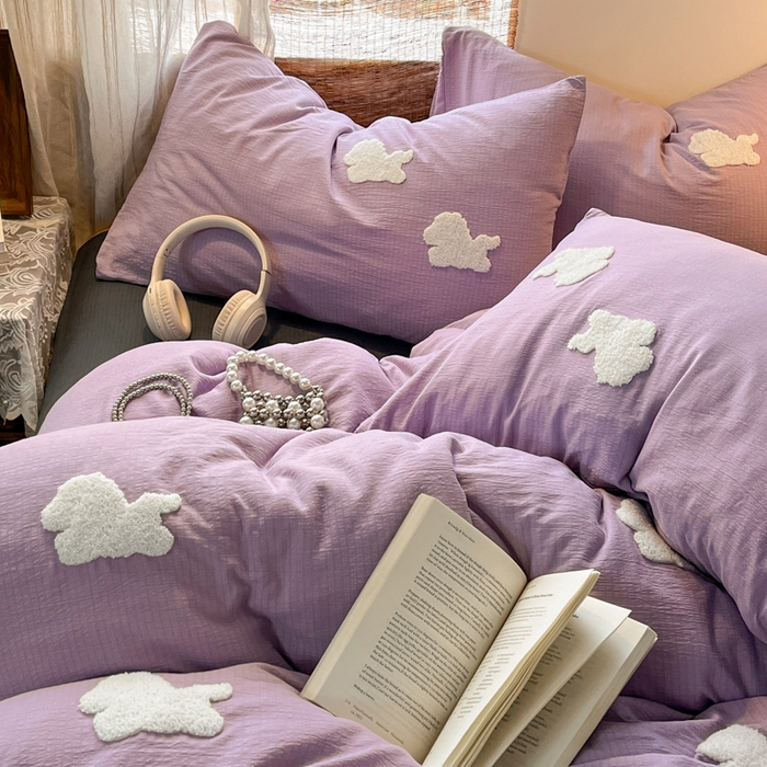 91家纺网 家纺一手货源 找家纺 花伞家居 2026新款小马毛巾绣双层纱四件套含买家秀 马上发财-风信紫