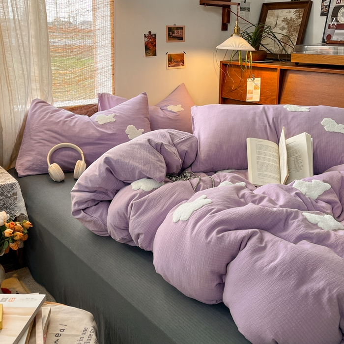 91家纺网 家纺一手货源 找家纺 花伞家居 2026新款小马毛巾绣双层纱四件套含买家秀 马上发财-风信紫