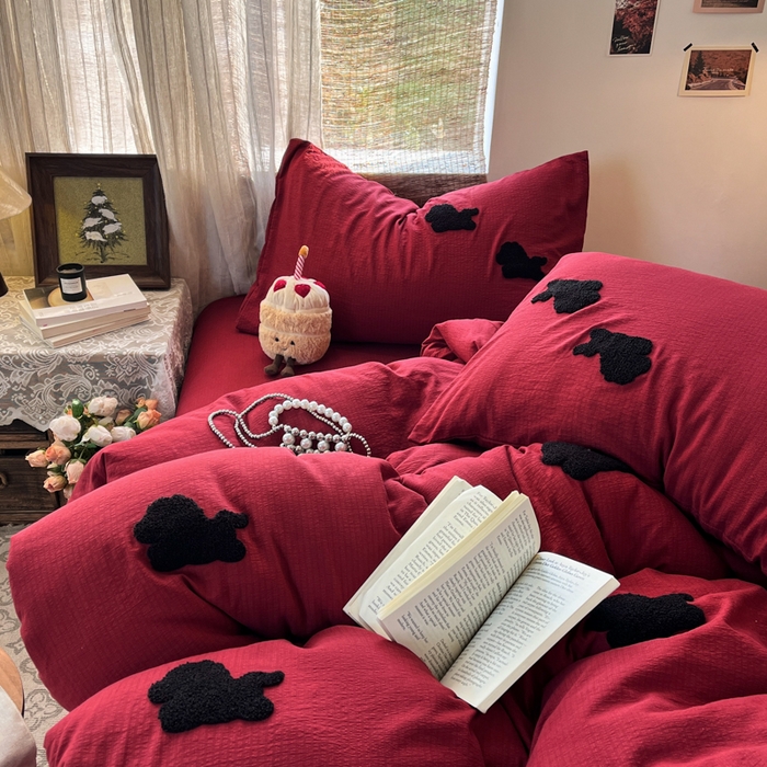 91家纺网 家纺一手货源 找家纺 花伞家居 2026新款小马毛巾绣双层纱四件套含买家秀 马上发财-红