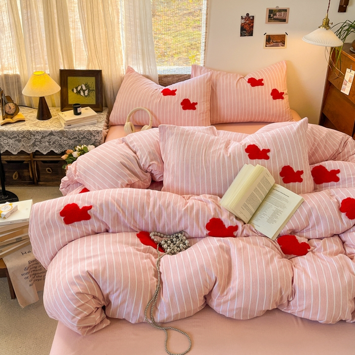 91家纺网 家纺一手货源 找家纺 花伞家居 2026新款小马毛巾绣双层纱四件套含买家秀 马上发财-粉条纹