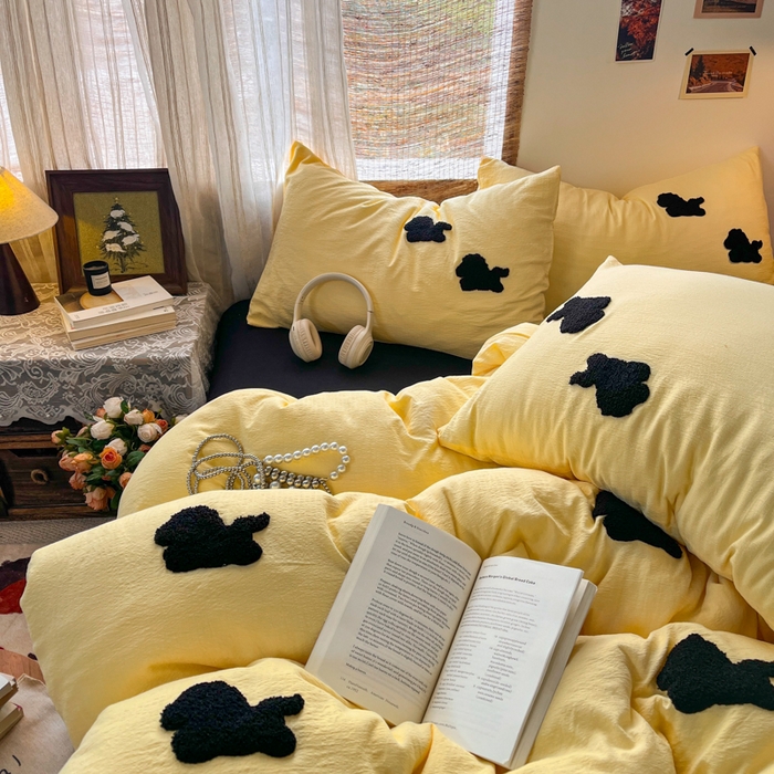 91家纺网 家纺一手货源 找家纺 花伞家居 2026新款小马毛巾绣双层纱四件套含买家秀 马上发财-茉莉黄