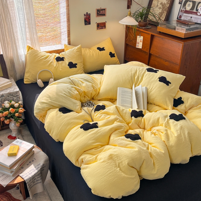 91家纺网 家纺一手货源 找家纺 花伞家居 2026新款小马毛巾绣双层纱四件套含买家秀 马上发财-茉莉黄