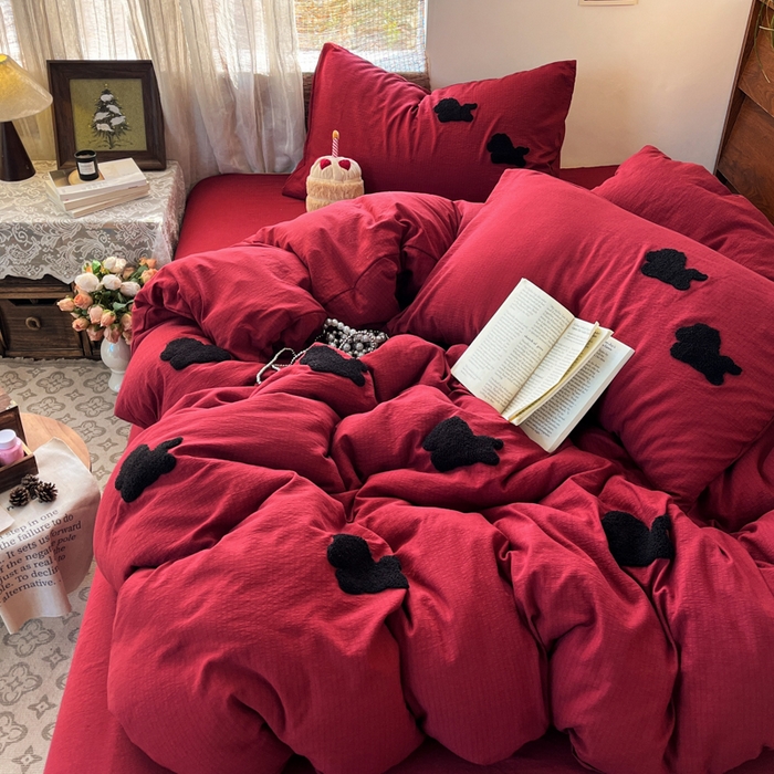 91家纺网 家纺一手货源 找家纺 花伞家居 2026新款小马毛巾绣双层纱四件套含买家秀 马上发财-红