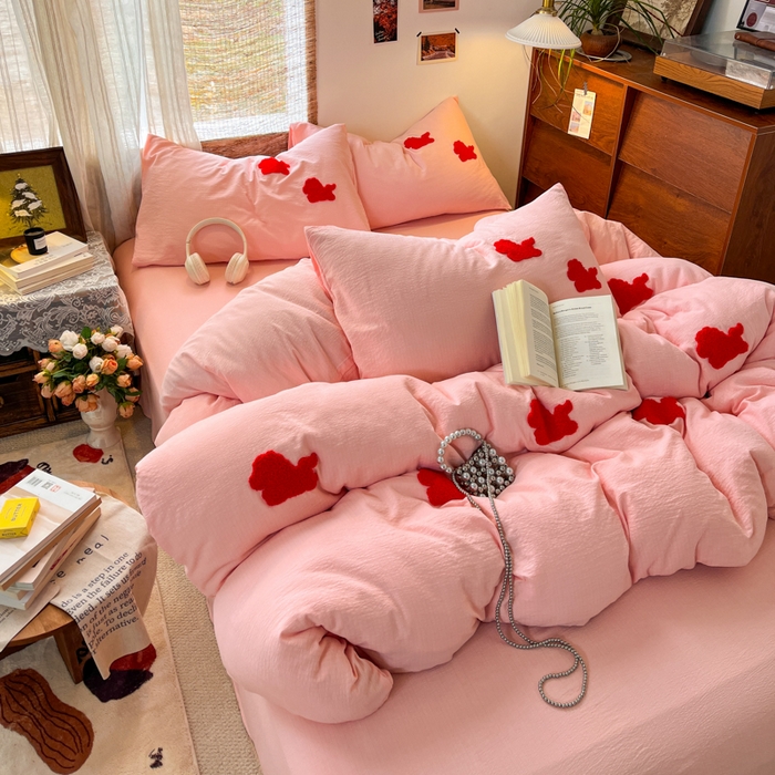 91家纺网 家纺一手货源 找家纺 花伞家居 2026新款小马毛巾绣双层纱四件套含买家秀 马上发财-玉