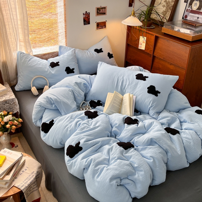 91家纺网 家纺一手货源 找家纺 花伞家居 2026新款小马毛巾绣双层纱四件套含买家秀 马上发财-奶蓝