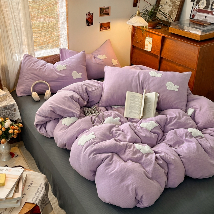 91家纺网 家纺一手货源 找家纺 花伞家居 2026新款小马毛巾绣双层纱四件套含买家秀 马上发财-风信紫