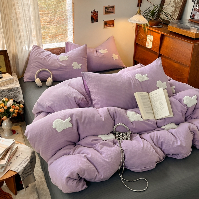 91家纺网 家纺一手货源 找家纺 花伞家居 2026新款小马毛巾绣双层纱四件套含买家秀 马上发财-风信紫