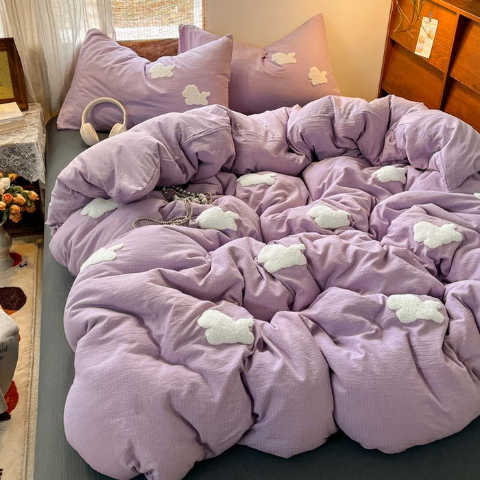 91家纺网 家纺一手货源 找家纺 花伞家居 2026新款小马毛巾绣双层纱四件套含买家秀 马上发财-风信紫