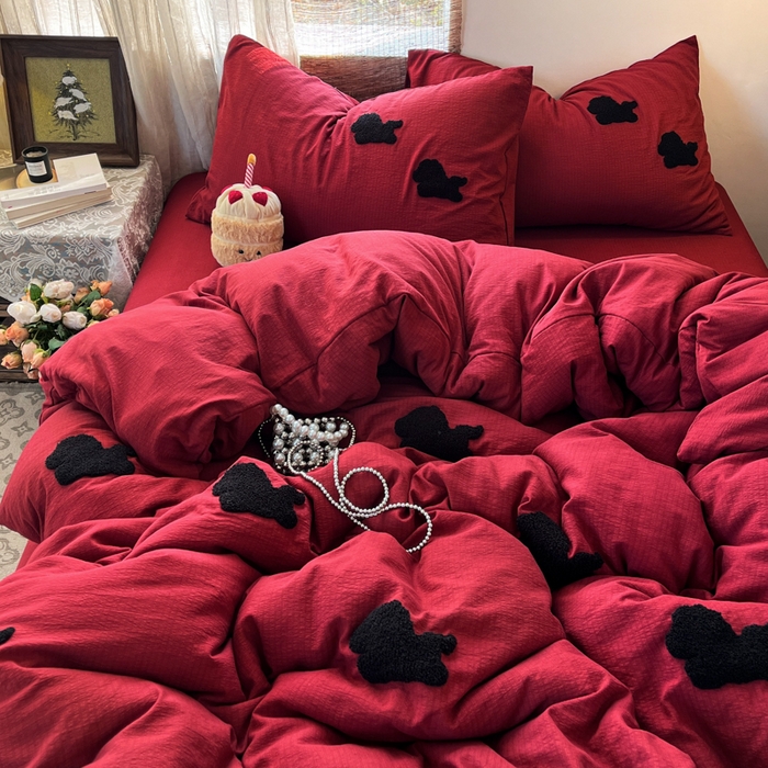 91家纺网 家纺一手货源 找家纺 花伞家居 2026新款小马毛巾绣双层纱四件套含买家秀 马上发财-红