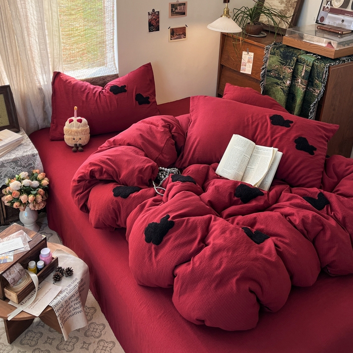 91家纺网 家纺一手货源 找家纺 花伞家居 2026新款小马毛巾绣双层纱四件套含买家秀 马上发财-红