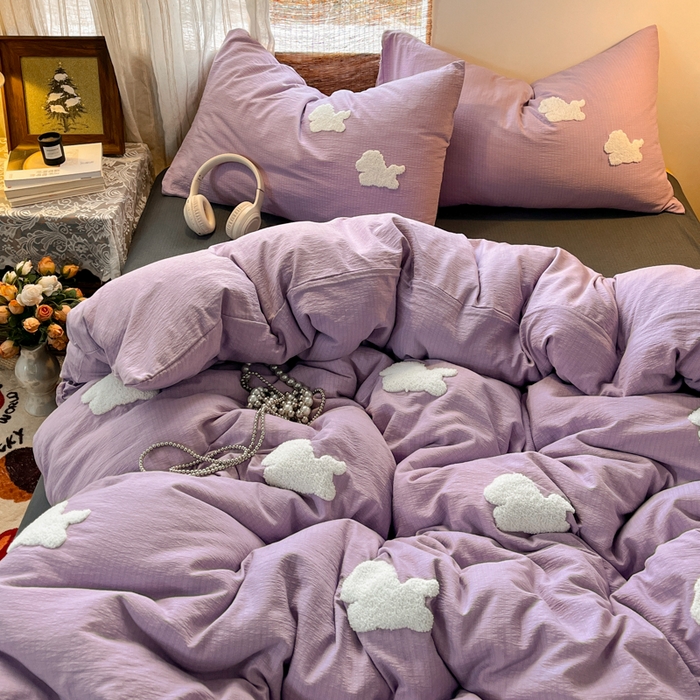 91家纺网 家纺一手货源 找家纺 花伞家居 2026新款小马毛巾绣双层纱四件套含买家秀 马上发财-风信紫